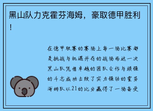 黑山队力克霍芬海姆，豪取德甲胜利！